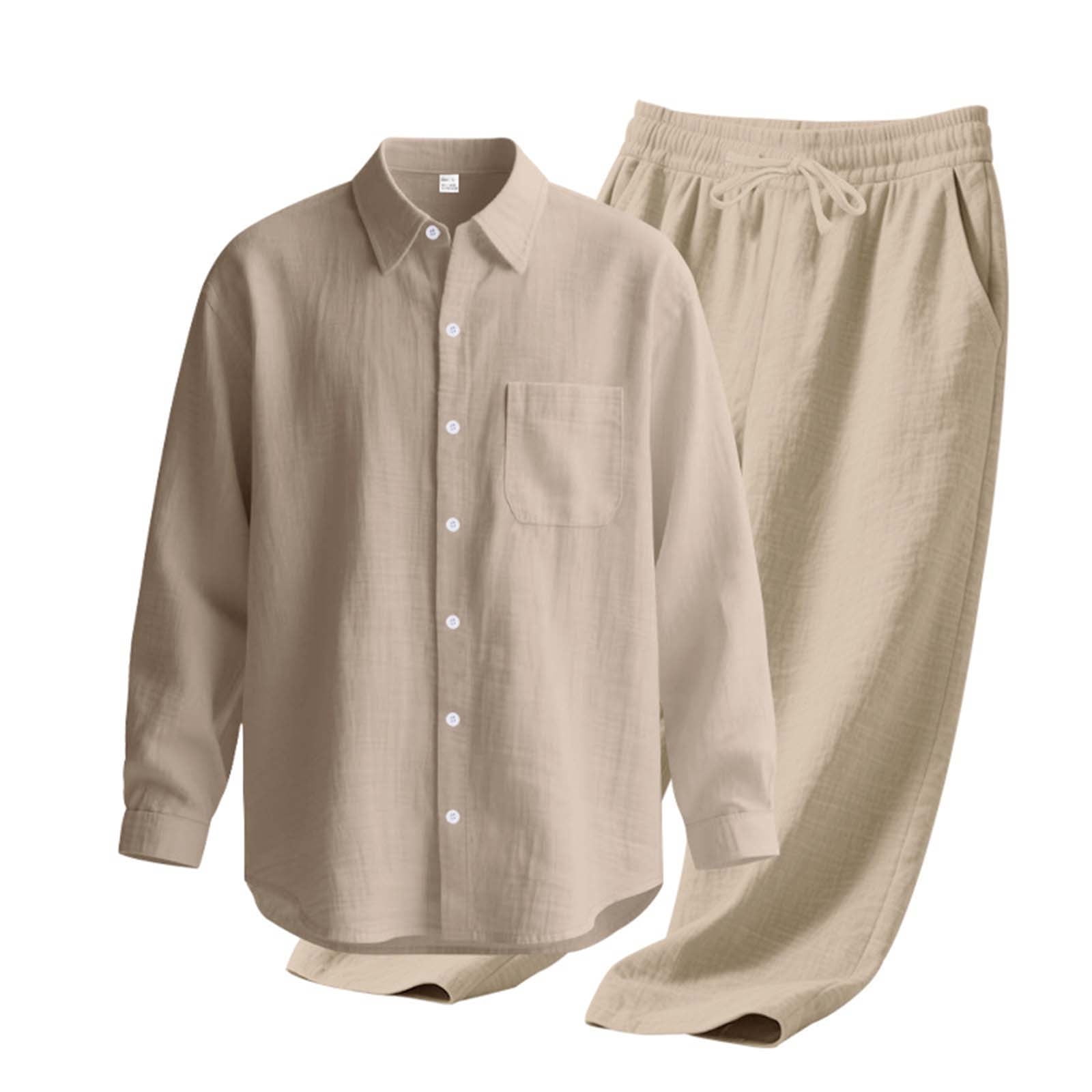 Men's Linen Casual Outfits Piece Solid Color Cuban Shirt and Pants Set Lightweight Beach Vacation Suit
