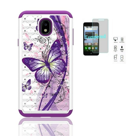 White Studded Iphone Phone Case for Samsung Galaxy J3 Star, J3 (2018), Studded Rhinestone Diamond Bling Cover Case + Tempered Glass Screen Protector (White-Purple Butterfly) ()
