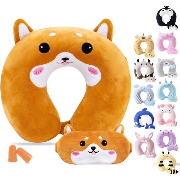 Travel Pillow Kids Adult Cute Neck Traveling Memory Foam Airplane Sleep Mask Animal Flight Head Rest Support Cars Long Flights Dog 9 12 Y O