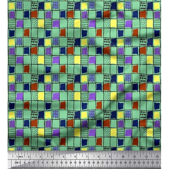 Soimoi Rayon Fabric Check & Brush Stroke Abstract Print Sewing Fabric Yard 56 Inch Wide