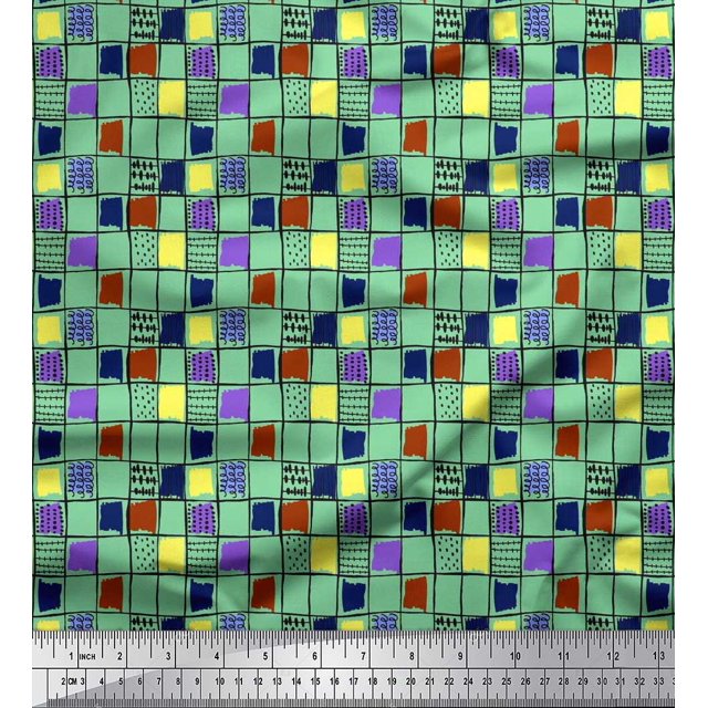 Soimoi Rayon Fabric Check & Brush Stroke Abstract Decor Fabric Printed Yard 42 Inch Wide