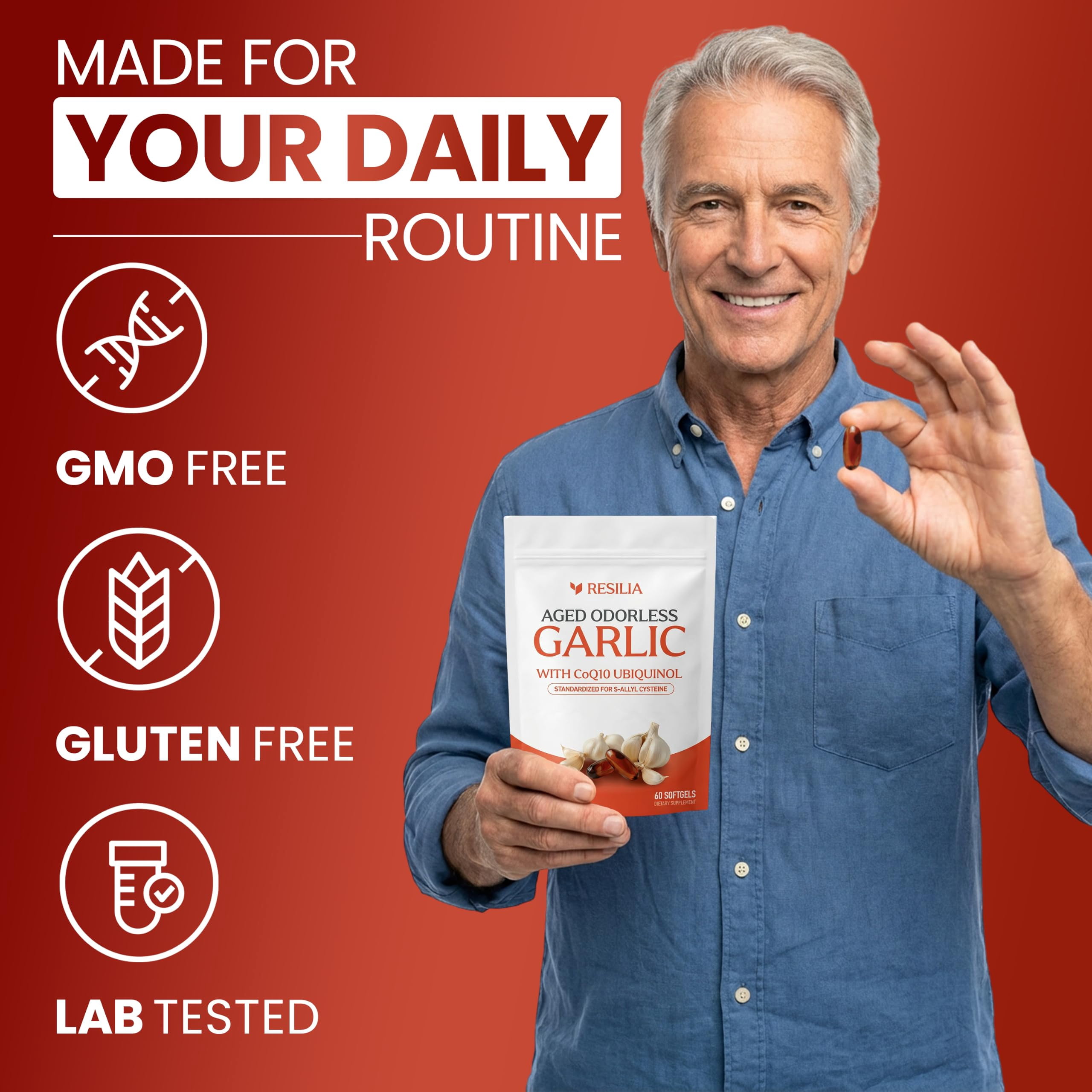 Resilia Odorless Aged Garlic Extract Softgels 600mg with CoQ10 Ubiquinol & Vitamin K2 MK-7, 60 Softgels