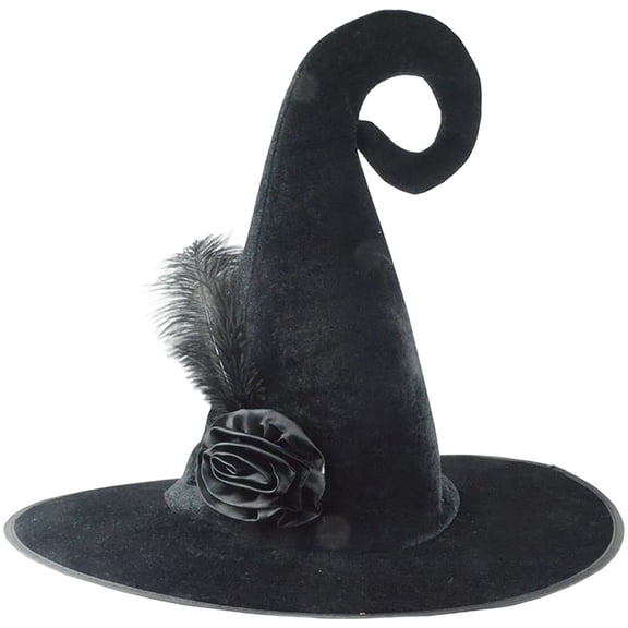 Slccxzc Wide Brim Witch Hat With Feather Rose Pointed Cap, Witch Headwear for Halloween Party