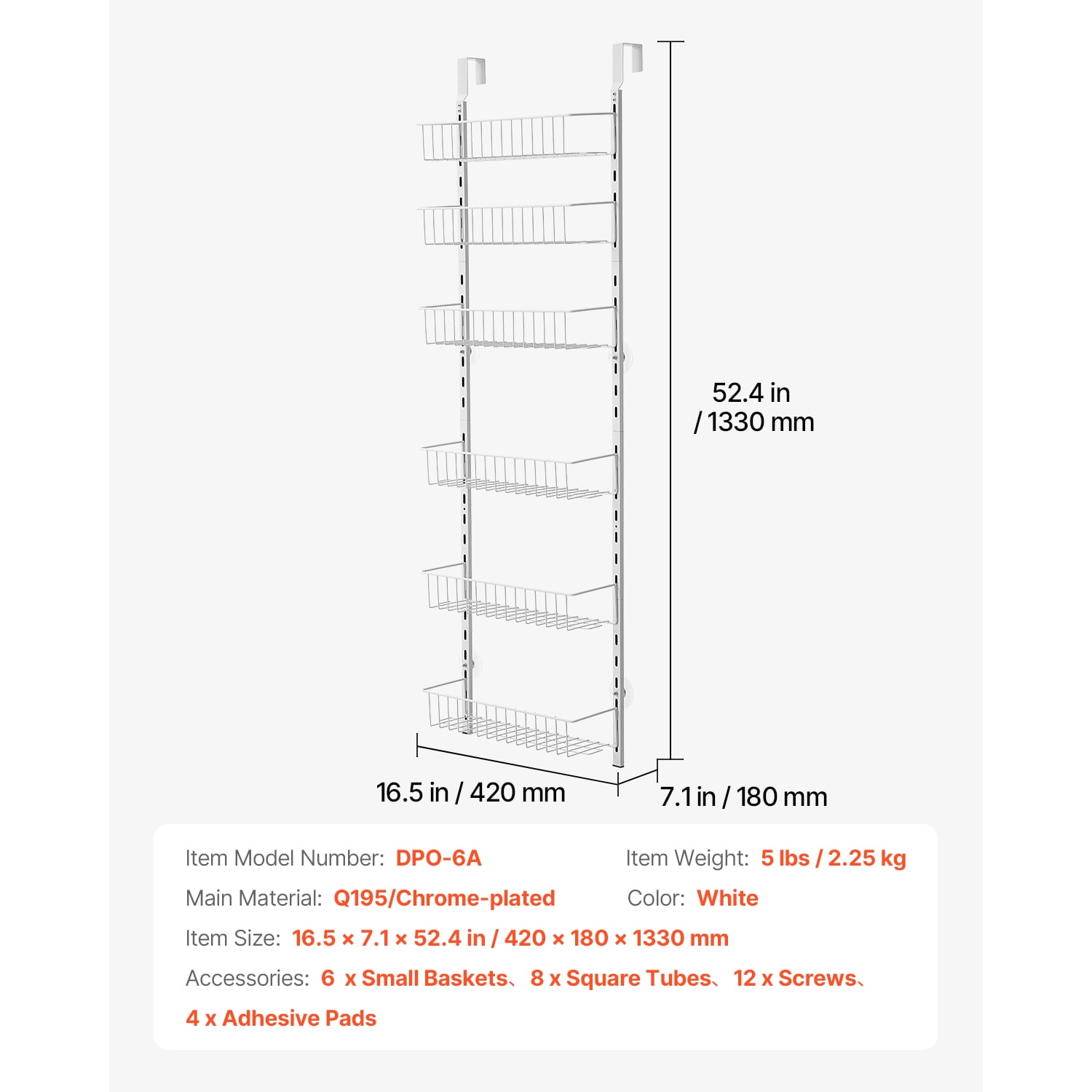 KFFKFF Door-Mounted Pantry Organizer, 6-Level Storage Solution, Robust Steel Constructed Spice Holder, Wall-Mounted Adjustable Seasoning Racks, Suitable for Kitchen, Laundry Room, Bathroom, White