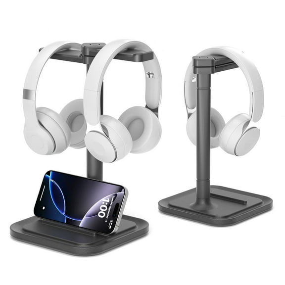 Dual Headphone Stand for Desk - Rotatable Headset Hanger with Phone Holder - Removable Non-Slip Base for Gamers Desktop Accessories