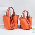 thumbnail image 4 of Bolso tipo canasta de comida informal con estampado de lichi, bolso tipo cubo de piel auténtica a la moda, bolso de mano de gran capacidad con varias capas de piel de vaca, 4 of 6