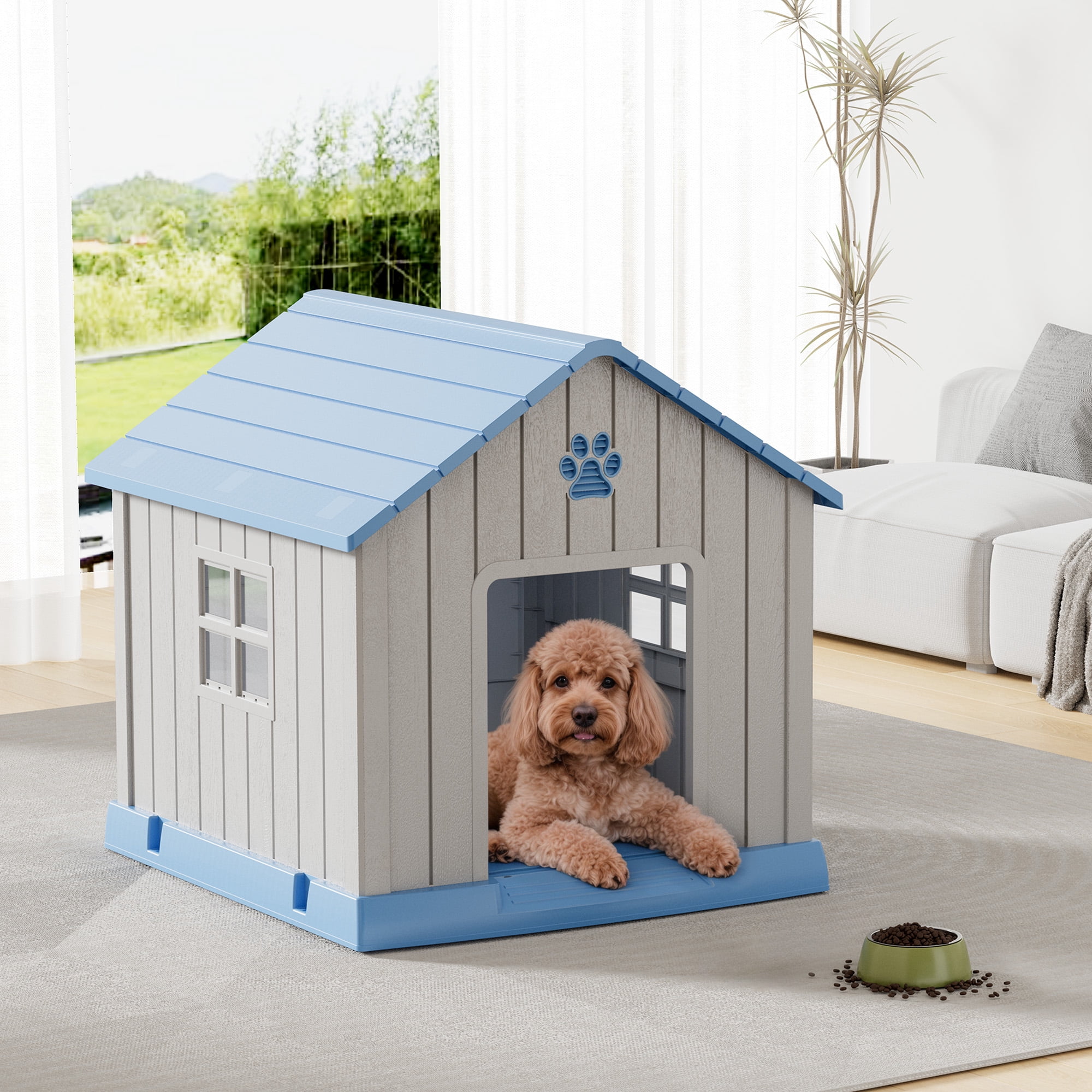 Bifanuo Durable Dog House, Indoor Outdoor Wateproof Doghouse, Pet Plastic Dog House for Small Medium Dogs,Grey and Blue ,31" L x 33.3" W x 33.5" H