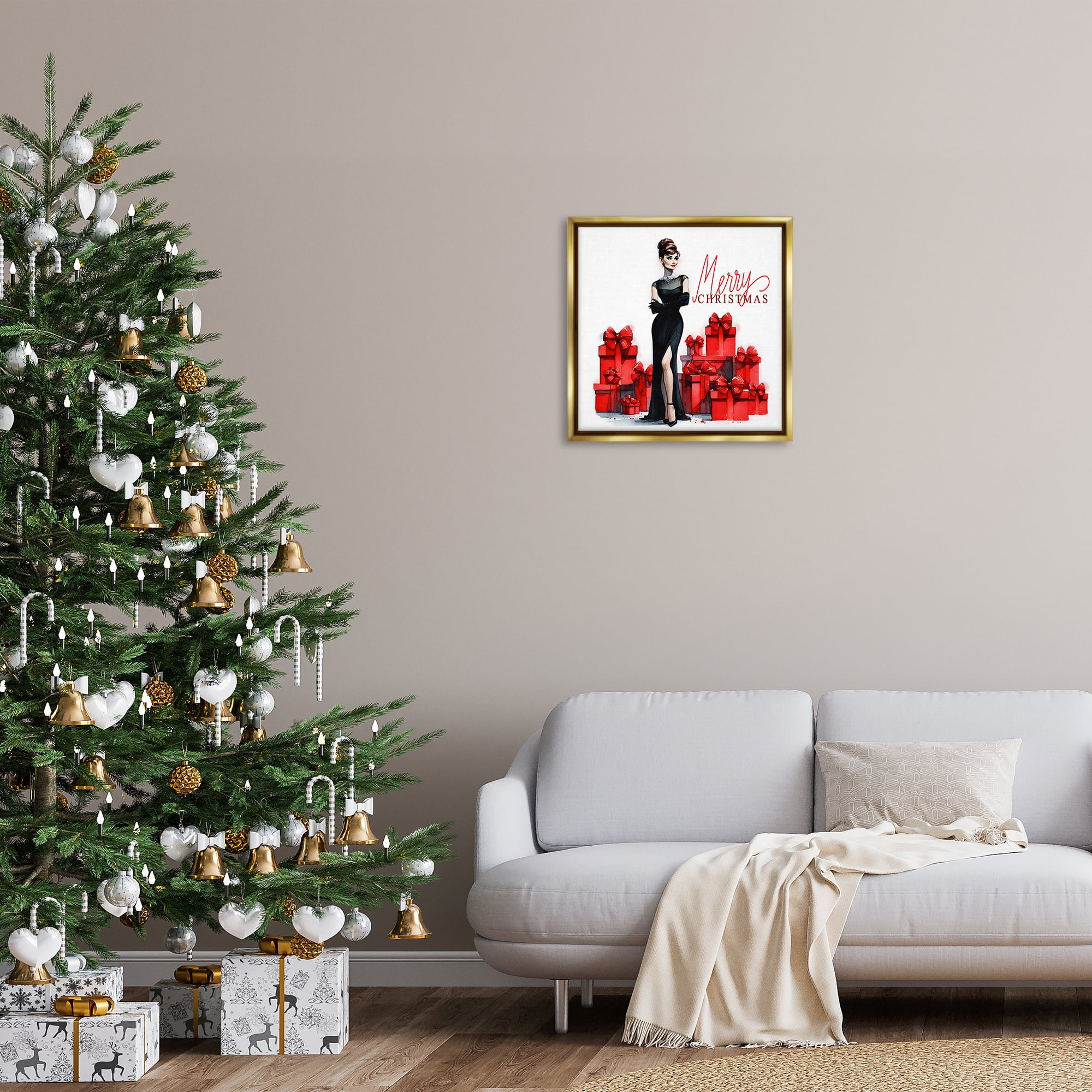 Stupell Industries Trendy Merry Christmas Holiday Painting Gold Floater Framed Canvas Art Prints Wall Art, 25 x 25