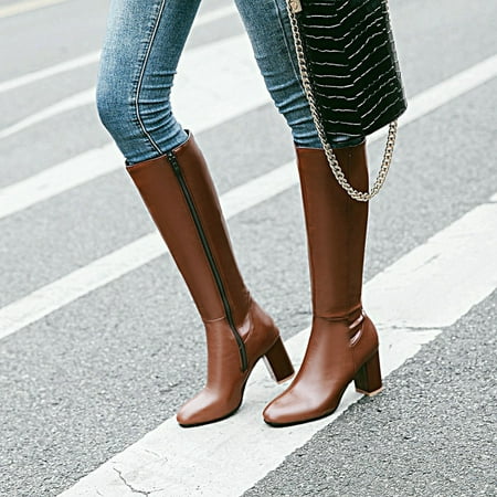 

SQUARE CARMEN Ladies Hoof Heels Zipper Elegant Sexy Round Toe Platforms High Heel Boots Brown 35
