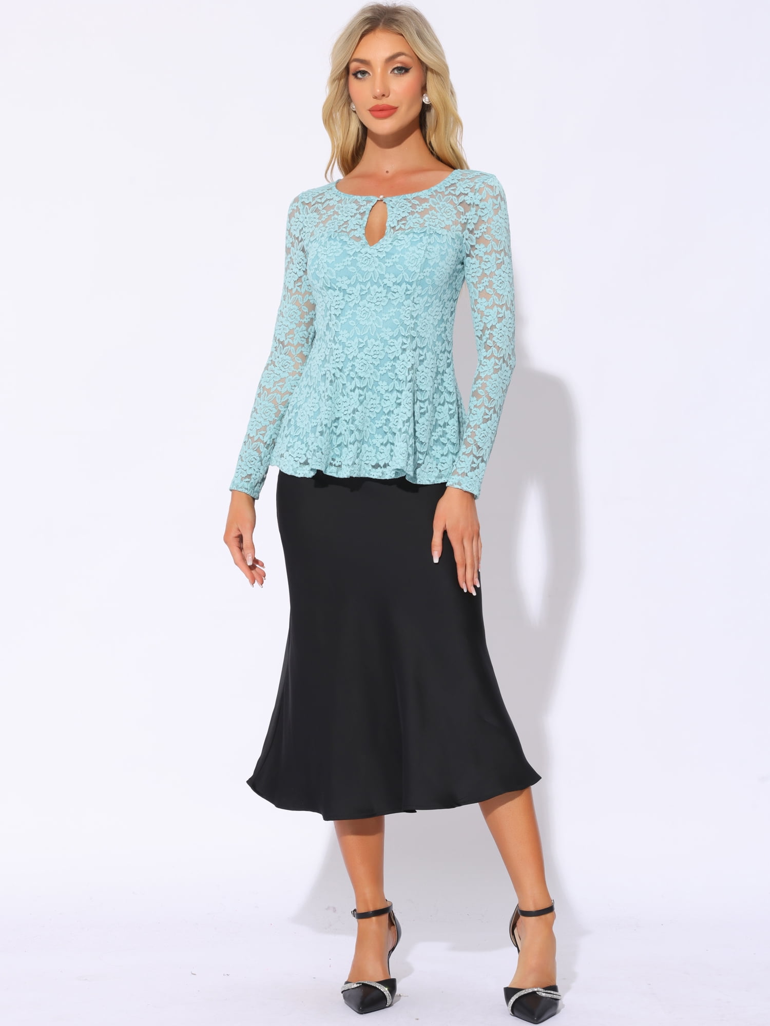 DARING DIVA Lace Peplum Round Neck Elegant Blouse L Gray Blue