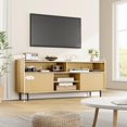thumbnail image 3 of TROPOW Fluted TV Stand for 65 Inch, Boho Entertainment Center with Sliding Doors, Wood Media Cabinet Furniture with Adjustable Shelves for Living Room Bedroom, Natural Oak, 3 of 9