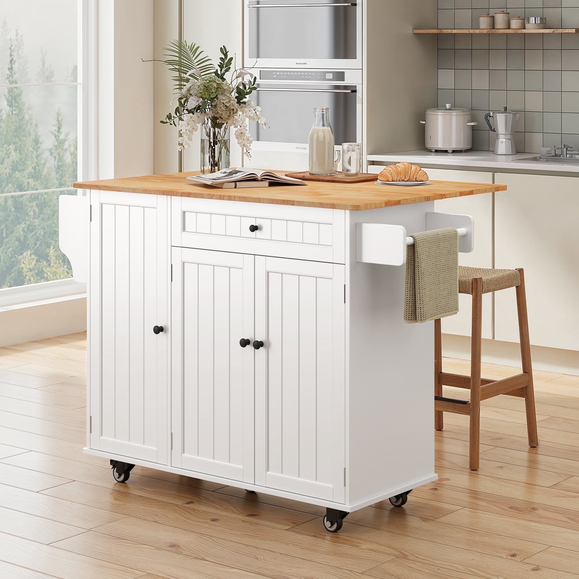 Kitchen Island with Storage - Lofka Rolling Kitchen Cart with Solid Wood Top,Drawers,Spice Rack & Towel Bar - Mobile Workstation for Small Kitchen,Dining Room ,White