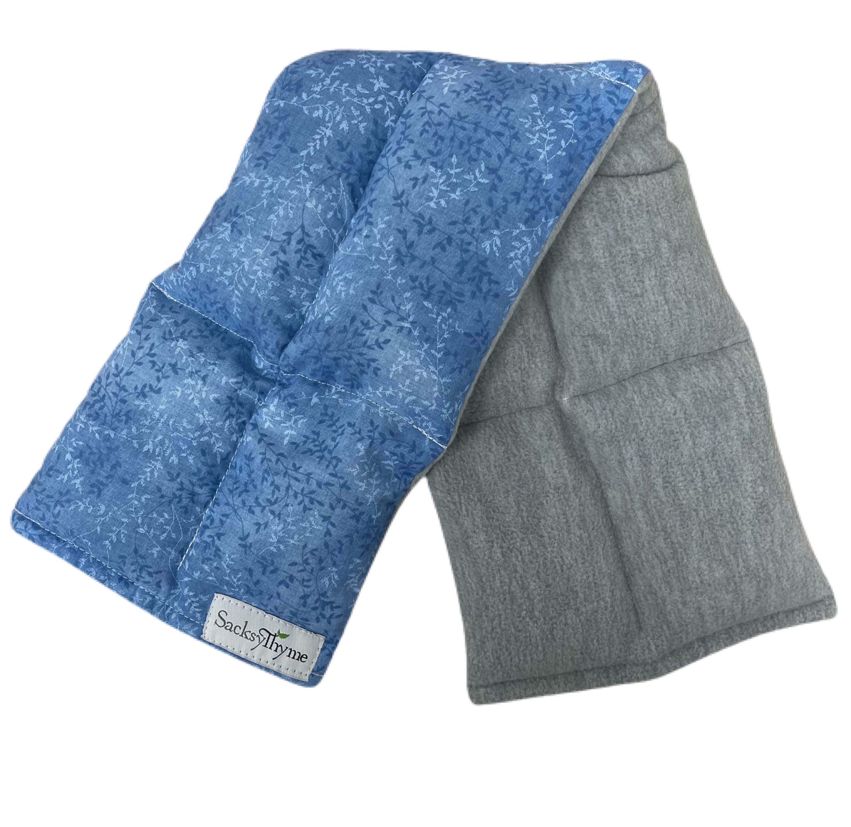 Sacksy Thyme Microwaveable Heating Pad - Microwave Neck and Shoulder Wrap for Moist Hot Therapy - Hot & Cold Compress for Relaxation & Stress Relief - Flaxseed - Made in USA - 22"x6", Blue & Grey