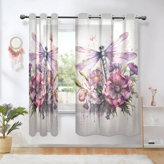 Dragonflies and Flowers Blackout Curtains Thermal Insulation 63 inch Grommet for Bedroom Living Room Bathroom Kitchen Windows 2 Pack
