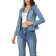 thumbnail image 4 of Chaqueta de mezclilla elástica para mujer INSPIRE CHIC con solapa, un botón y mangas largas, color azul claro, talla M, 4 of 6