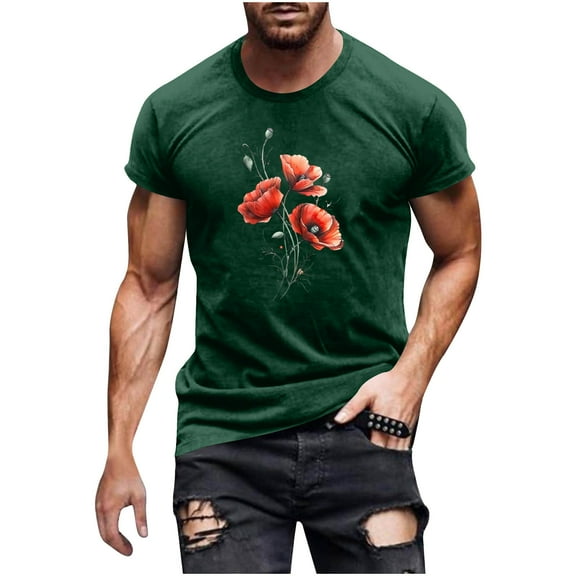 Dagegui Under $15 Men's Short Sleeve Shirts Trendy Flower Graphic T-Shirts Summer Crewneck Pullover Top Big and Tall Running Athletic Shirt Tees Green M