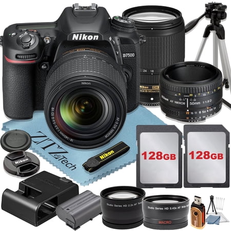 Nikon D7500 DSLR Camera with 18-140mm + AF FX 50mm Lens + 2 Pcs 128GB Memory Cards + Tripod + Wideangle + ZeeTech Accessory Bundle (International Version)