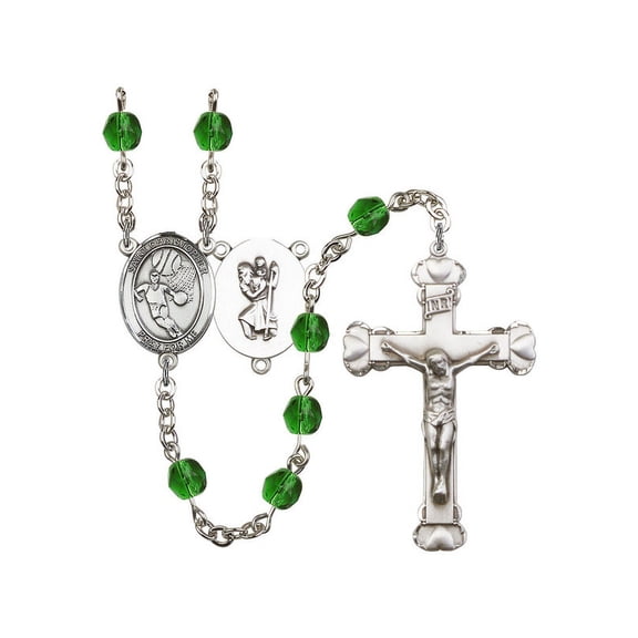 St. Christopher/Basketball Silver-Plated Rosary 6mm May Green Fire Polished Beads Crucifix Size 1 5/8 x 1 medal charm