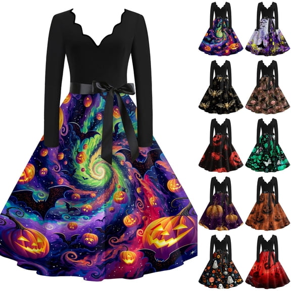 Women's Halloween Dress Bat 1950s Long Sleeve Horror Swing Dress Ghost Printed V-Neck Cute Tea Length Dress with Belt 5XL