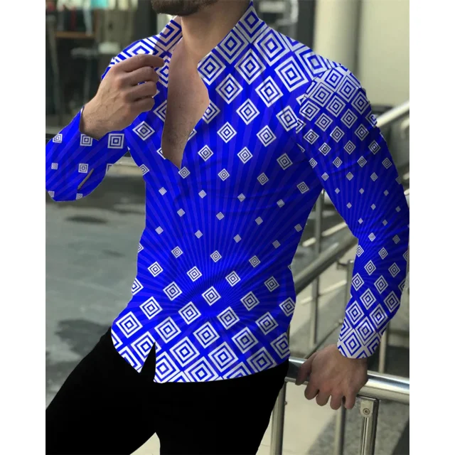 2024 última moda de fiesta para hombres, camisa tipo cárdigan de solapa de un solo pecho para hombres, camisa informal con estampado de manga larga