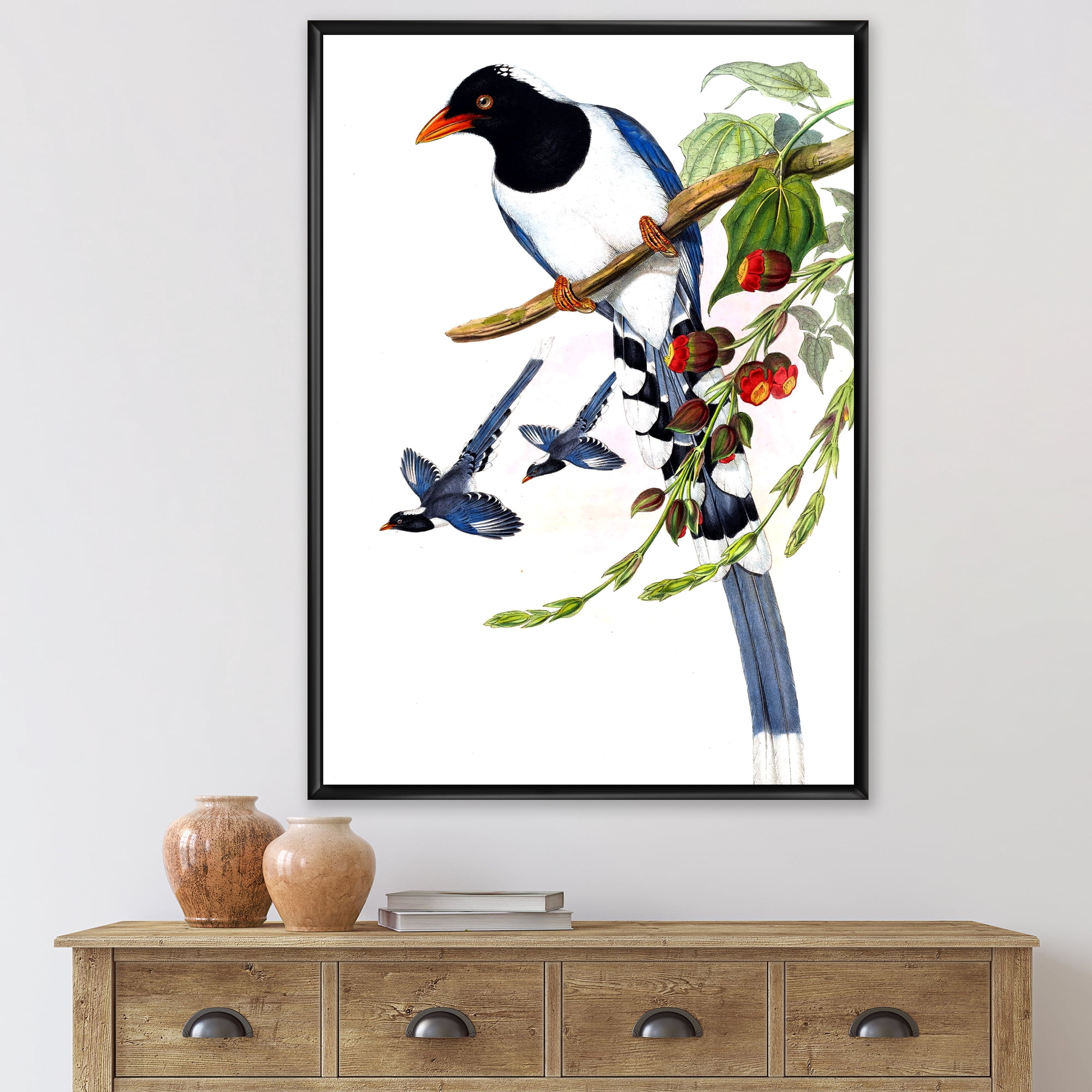 Designart 'Vintage Countryside Birds On Branch IV' Farmhouse Framed Canvas Wall Art Print