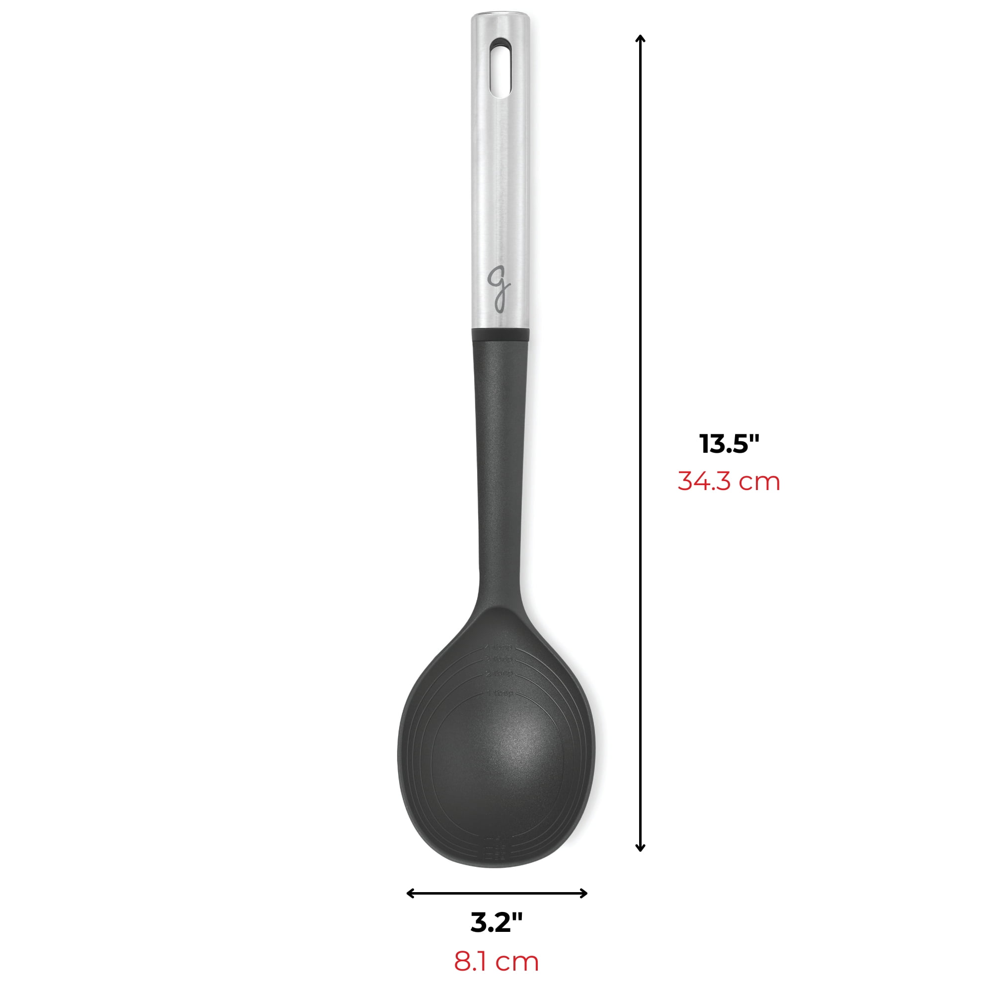 Starfrit Gourmet STEEL Nylon Spoon, Stainless Steel Handle, Heat Resistant Nylon Head, 4 Integrated Measures, Flat Edge, Safe for Non-Stick Cookware, Dishwasher Safe, Starfrit Gourmet STEEL Nylon Spoon features a durable stainless steel handle and heat-resistant nylon head safe for non-stick cookware. Includes 4 integrated measures and a flat edge for easy scooping. Dishwasher safe and heat resistant up to 410°F (210°C).