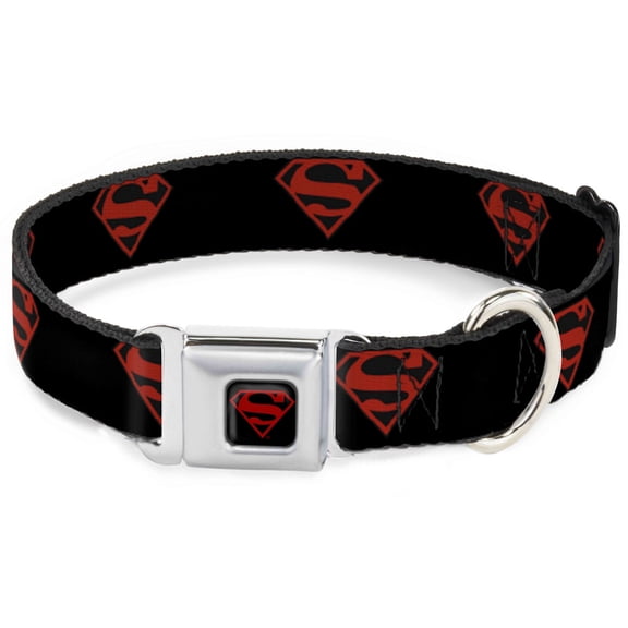 DC Comics Pet Collar, Dog Collar Metal Seatbelt Buckle, Superboy Shield Black Red, 9.5 to 13 Inches 1.0 Inch Wide