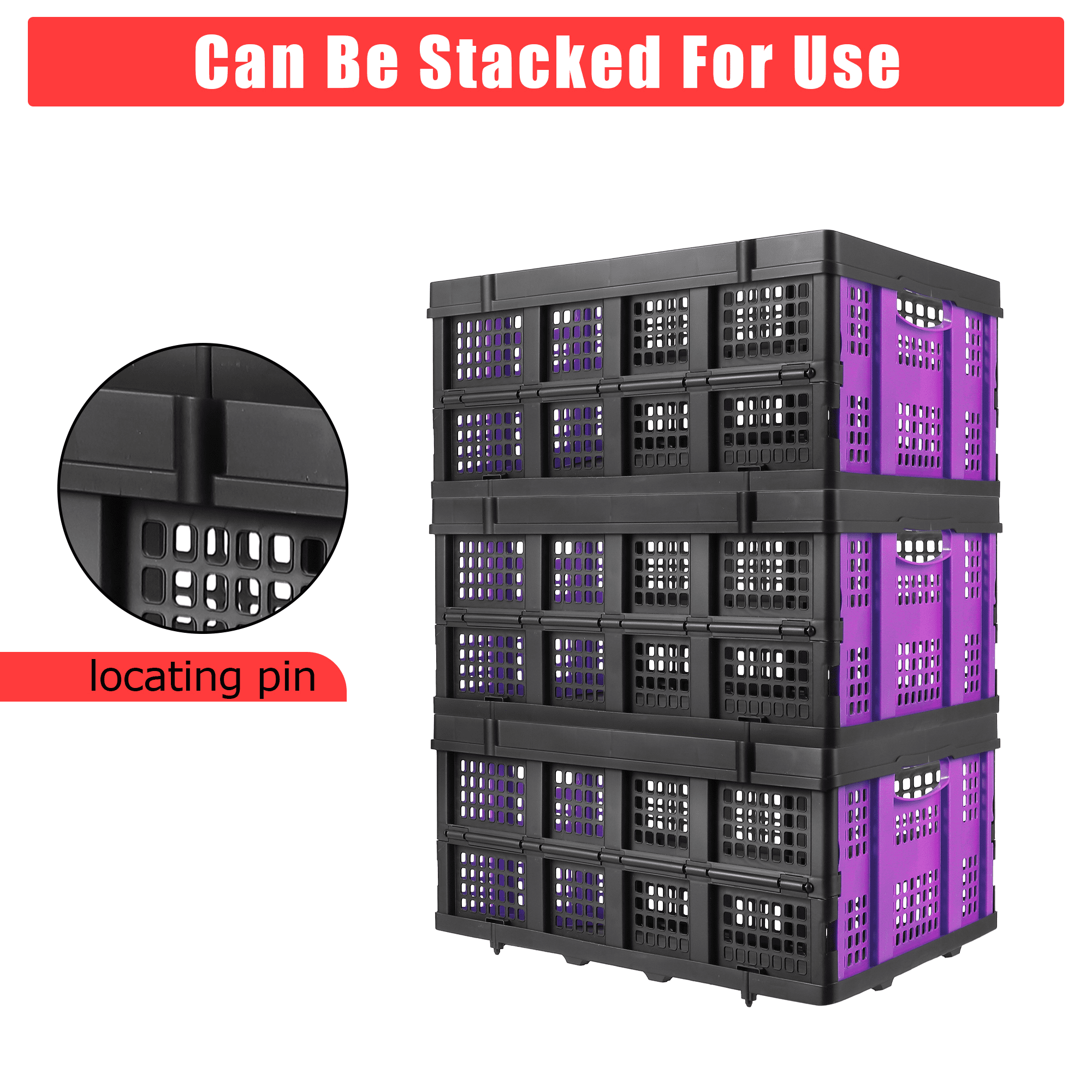 Large 14.5 Gallon Collapsible Storage Crate – 55L Extra-Thick Collapsible & Stackable Plastic Organizer Bin with Handles – Heavy-Duty Basket for Home, Kitchen, Office, Garage, Moving – Purple