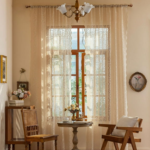 Sunyuer Lace Sheer Curtains – Vintage Floral Lace for Living Room/Bedroom, Light Filtering Rod Pocket Drapes, Privacy Chic Window Treatments Scalloped Edge, 2 Panels