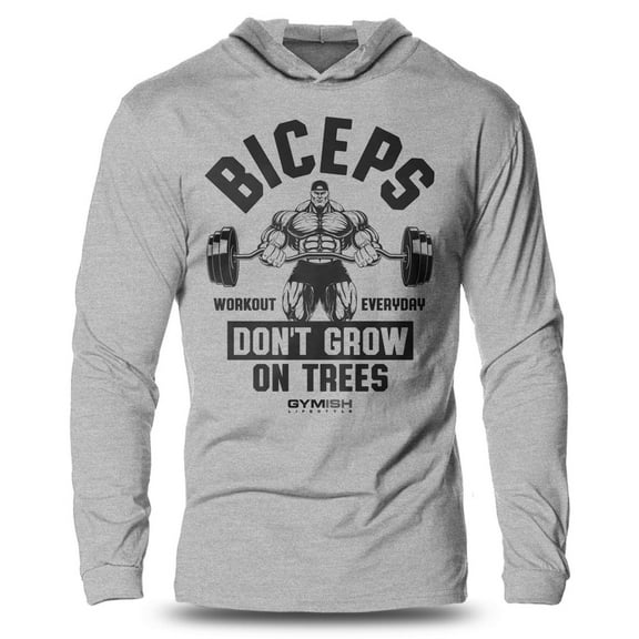 GYMISH BICEPS Trees Lightweight Long Sleeve Hooded T-Shirt for Men – Funny Gym Hoodie, Bodybuilding & Fitness Workout Shirt