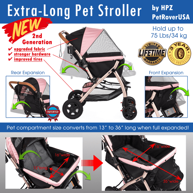 HPZ Pet Rover Extra-Long Premium Heavy Duty Dog Stroller, Pink