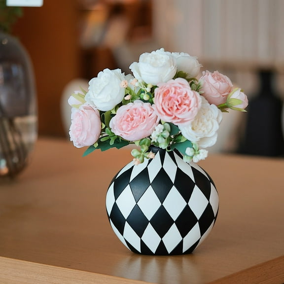Black and White  Vase, Mid Century Modern Striped Small Vases for Flower&pampas Grass Centerpiece, Black White Checkered Vase for Dining Table Kitchen Tabletop Minimalist Decorative