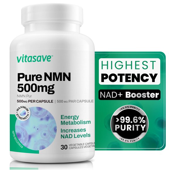 Vitasave Capsules de NMN 500 Mg - Puissance la Plus Élevée Disponible - Supplément de Qualité Supérieure - Santé Cellulaire - Boost NAD+, Favorise la Longévité - 100 % Pur - Absorption Rapide - 30 Unités