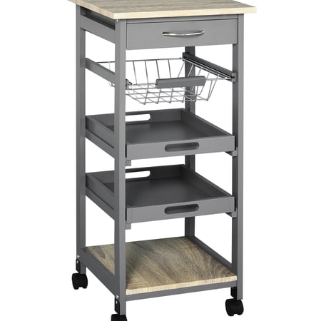 Mobile Kitchen Island With Underneath Drawer Wire Basket & Tray Gray Rolling Serving Grey