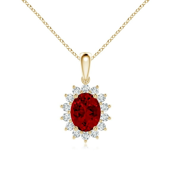 ANGARA Lab Grown 2 Ct Oval Ruby Pendant with Floral Halo for Women in 14K Yellow Gold (Size-9x7mm) | July Birthstone, Birthday, Anniversary, Jewelry Gift for Women | Lab-Grown Ruby Necklace