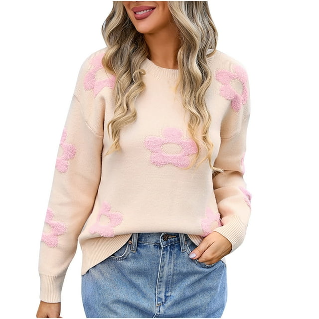 Rbaofujie Chandails pour Dames Femmes Col Rond Chandail à Manches Longues Brodé de Fleurs Rose Chandails pour Femmes