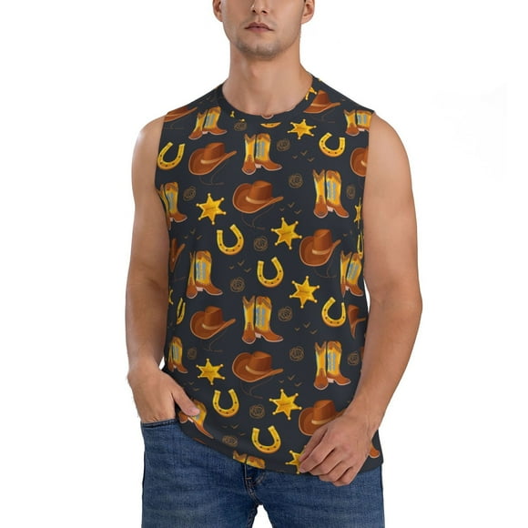 KLL Wild West Golden Horseshoe Print Workout Tank Tops Gym Sleeveless Fitness Muscle Tee-Large