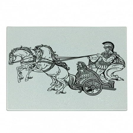 

Retro Cutting Board Roman Warrior in a Chariot Pulled by 2 Horses Historic Carriage Monochrome Decorative Tempered Glass Cutting and Serving Board Small Size Black White by Ambesonne