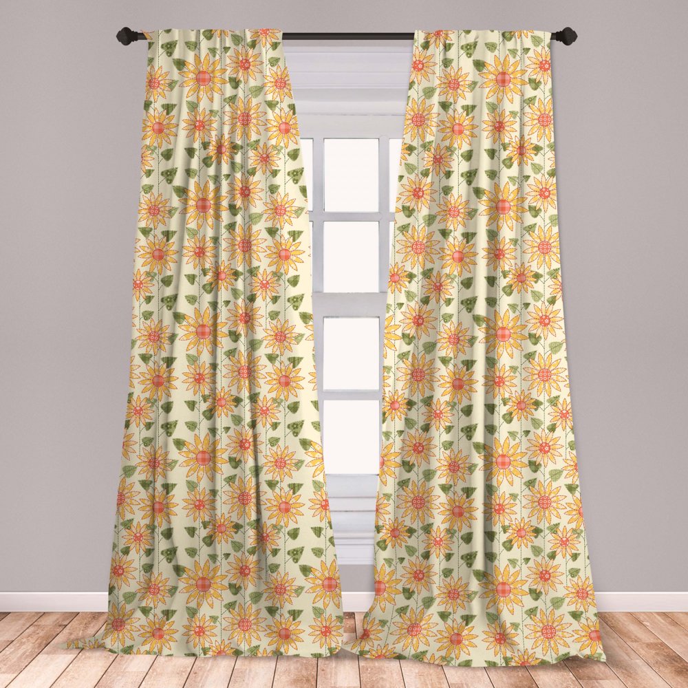 Sunflower Curtains 2 Panels Set, Floral Nature Pattern in Patchwork