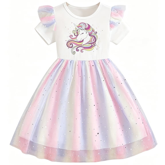 IPIO Girls Unicorn Tulle Dress, Rainbow Short Sleeve Princess Party Dress with Sparkly Star Mesh Skirt, Cute Summer Birthday Outfit for Kids