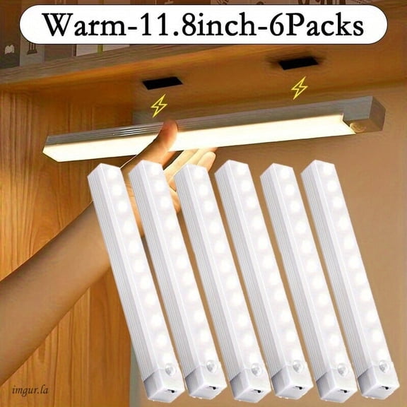 Under-cabinet lights, wireless LED wardrobe lights with motion sensors, USB rechargeable, magnetic installation, suitable for kitchens and pantries—6-pack