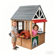 Conchico Outdoor BBQ Themed Playhouse, Wooden Backyard Kids Playhouse w/ Pretend Brick Oven, Kitchen Toy Set, BBQ Grill for Kids Ages 3-8