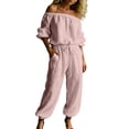 thumbnail image 2 of BESEW7 Off Shoulder Jumpsuits for Women, Summer Casual Loose Rompers with Pockets Roll Up Sleeve Elastic Waist for Daily Beach Vacation Pink S, 2 of 7
