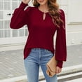 thumbnail image 7 of Olyvenn Womens Pleated Long Sleeve Dressy Casual Tops V Neck Puff Sleeve Shirt Keyhole Neck Blouse 2025 Shirts Wine S, 7 of 7