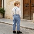 thumbnail image 6 of QTBIUQ Toddler Boys Three-Piece Suit Set Cotton Turn-Down Collar Shirt and Suspender Pants Formal Outfit Set with Bow Tie, 6 of 9