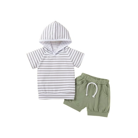 

ZIYIXIN Infant Toddler Baby Boy Summer Outfits Short Sleeve Striped Hoodies Tops Elastic Waist Shorts 2PCS Sets Green 12-18 Months