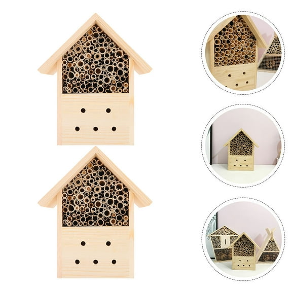 LOLIPPYY 2Pcs Outdoor Bee Hive Bee House For Carpenter Bees Wood Color