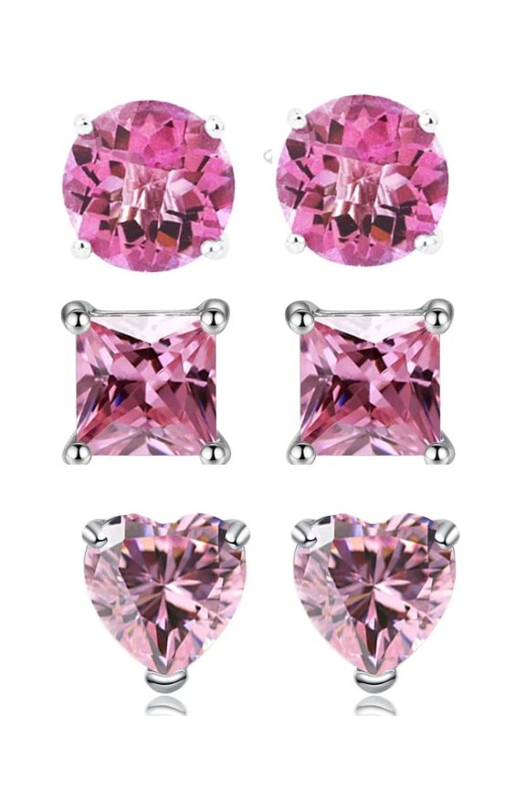 18k White Gold Plated 6mm Created Tourmaline 3 Pair Round, Square And Heart Stud Earrings