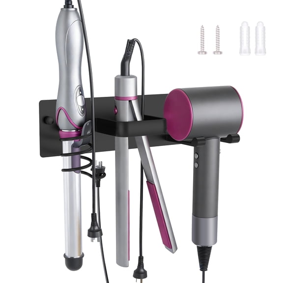Austok Hair Dryer Holder 3 in 1 Blow Dryer Holder Metal Bathroom Hair Tool Organizer Wall Mounted Bathroom Organizer for Hairdryer Curling Iron Flat Iron (Black or White)