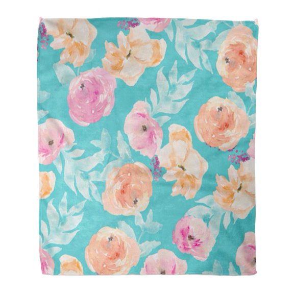 SIDONKU Throw Blanket Warm Cozy Print Flannel Teal Floral Watercolor Flower Pattern Colorful Comfortable Soft for Bed Sofa and Couch 58x80 Inches